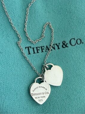 Tiffany & Co. Sterling Silver Double Heart Necklace on Blue Pouch